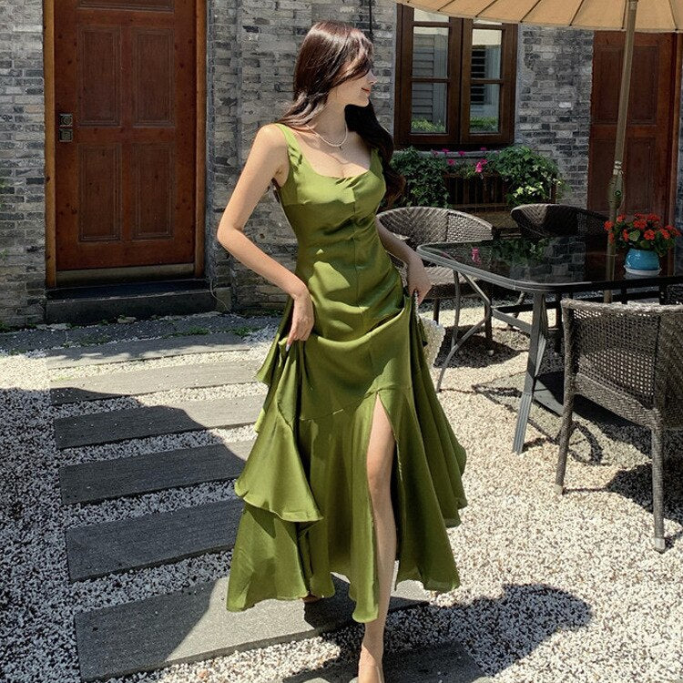 Lizakosht Imitation Acetate Satin Suspender Dress Long Dress Summer Mermaid Tail Large Hem Ruffled Holiday Dress