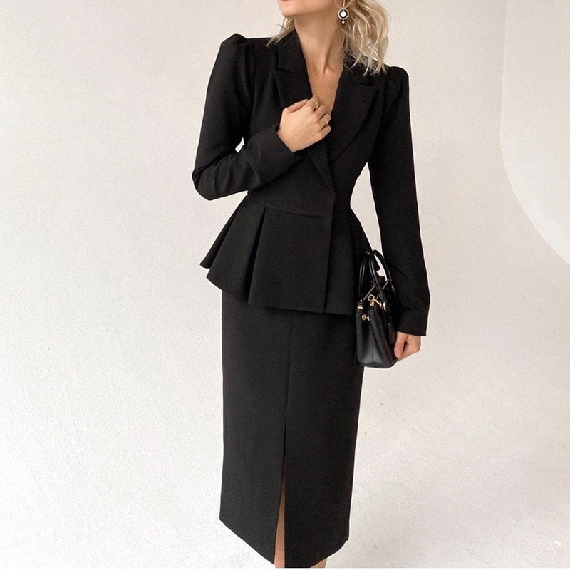 Lizakosht  summer fashion new women's retro solid color long-sleeved lapel temperament dress professional package hip skirt