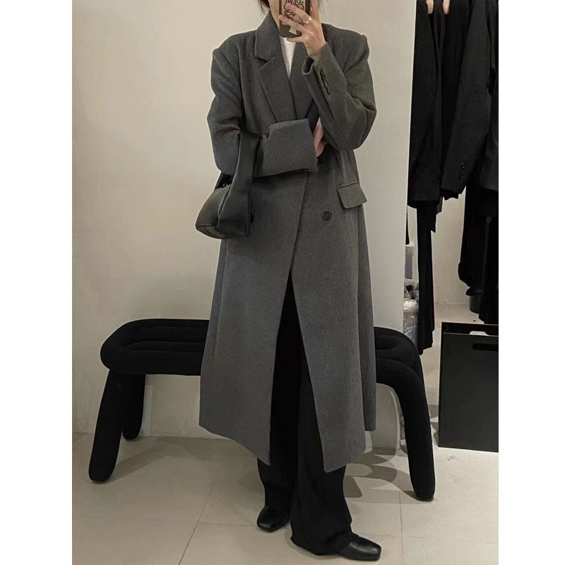 Lizakosht Korean Simple Solid Slim Long Coats Women Winter Thick Warm Double Breasted Turn Down Collar Woolen Coat  Office Lady Coats