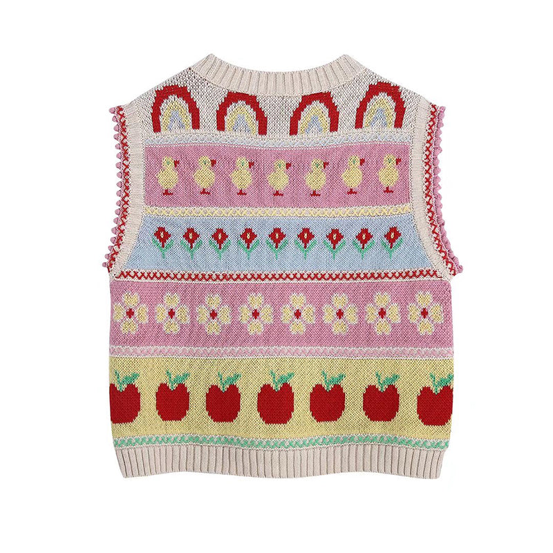 Spring 2022 Women Fashion Jacquard Crop Knitted Vest Sweater O Neck Sleeveless Chic Female Casual Waistcoat
