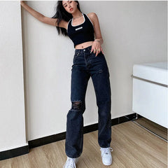 Lizakosht Black Jeans Women's Summer Loose Ripped Mid-waist Denim Wide-leg Pants Fashion Casual Retro Street Ladies Trousers