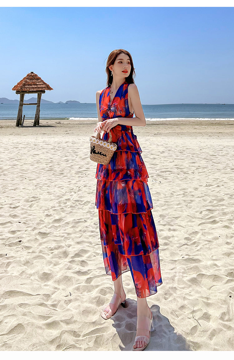 Lizakosht  Summer Backless Beach Long Maxi Dress Vintage Cascading Ruffles Deep V Neck Sexy Floral Print Party Dress Sleeveless Design F242