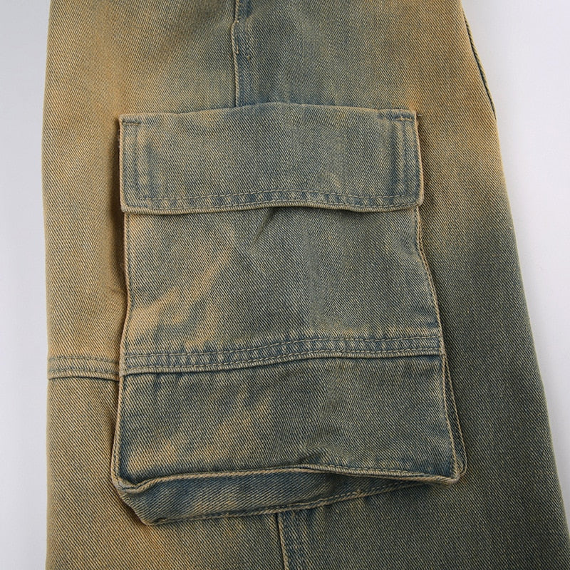 Lizakosht Retro Vintage Distressed Washed Jeans Women Low Waisted Loose Pocket Patchwork Raw Edge Straight Leg Casual Pants