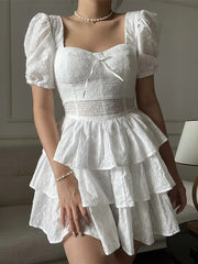 Lizakosht Tiered White Lace Summer Short Dress for Petite Women Puff Sleeve Flower Embriodery Zip Mini Beach Party Vestidos 2023