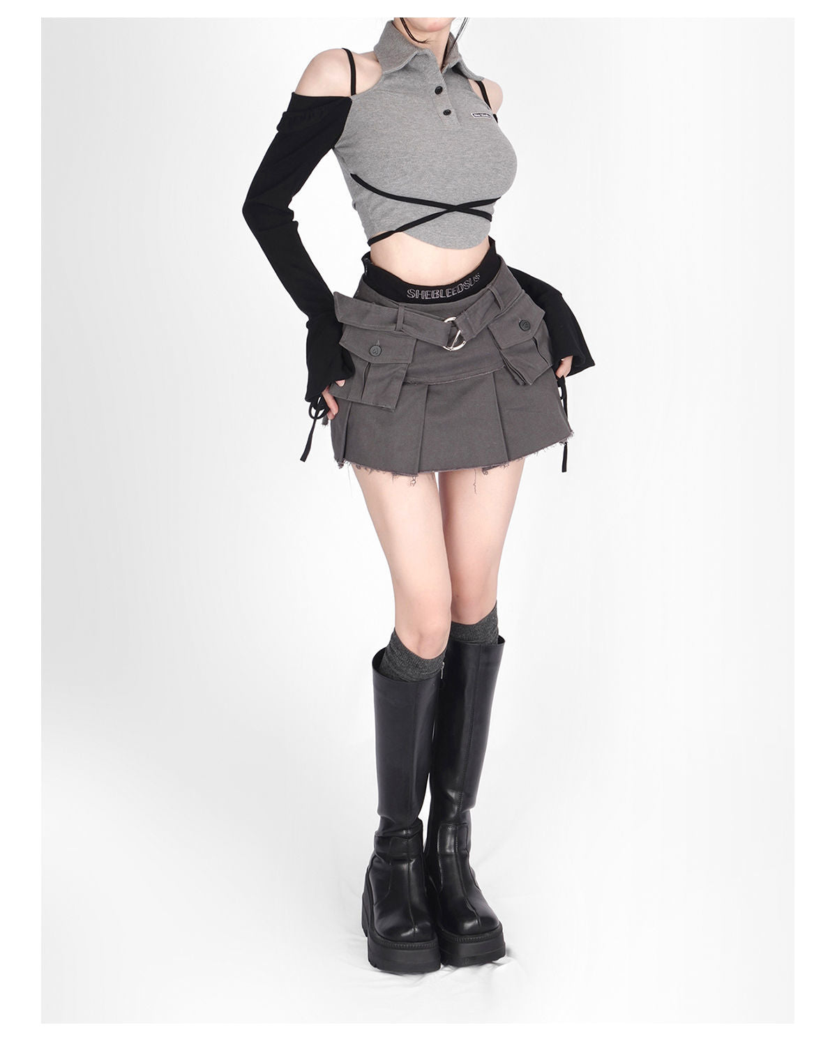Lizakosht Denim Cargo Skirt Women Vintage High Waist Pocket Belt Pleated Mini Skirt Sexy Fake Two-piece Patchwork Streetwear Y2k