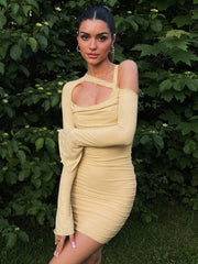 Lizakosht Fashion Flare Sleeve Sexy Cut Out Ruched Dress Outfits Women Party Club Summer Mesh Sheer Dresses Bodycon Clothes