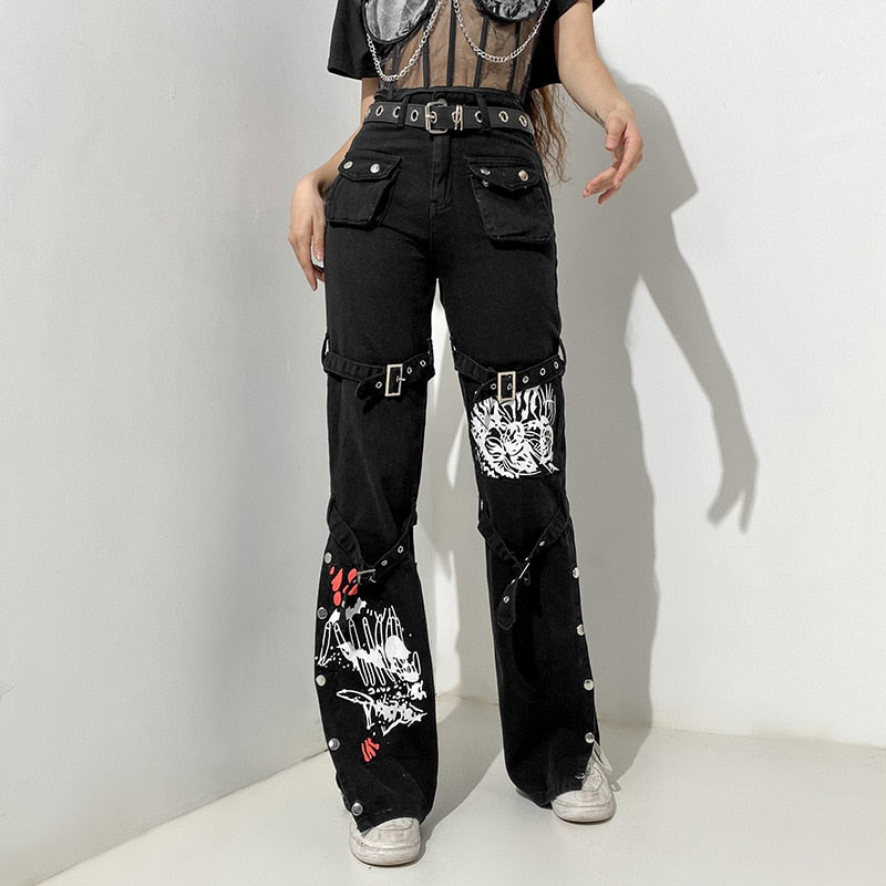 Lizakosht   Gothic Print Baggy Jeans Y2K Autumn Low Rise Trousers Vintage Casual Wide Leg Denim Aesthetic Women Cargo Pants Black