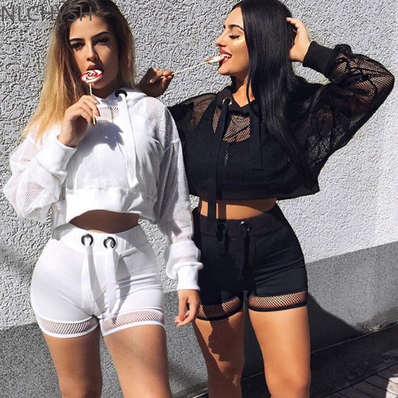 Lizakosht  Women Sexy Mesh Hooded Sweatshirt Spring Autumn Long Sleeve Transparent Fishnet Crop Top 2022 Casual Pullover White Black Tee