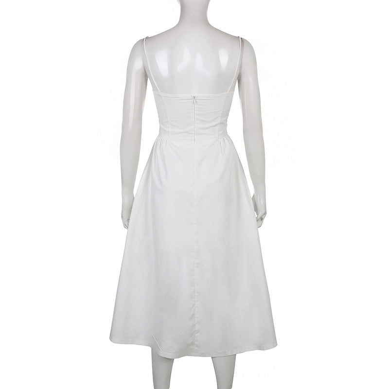 Lizakosht  Women's White Dress Low Cut Sling Dress Feminine Waist White Long Dress