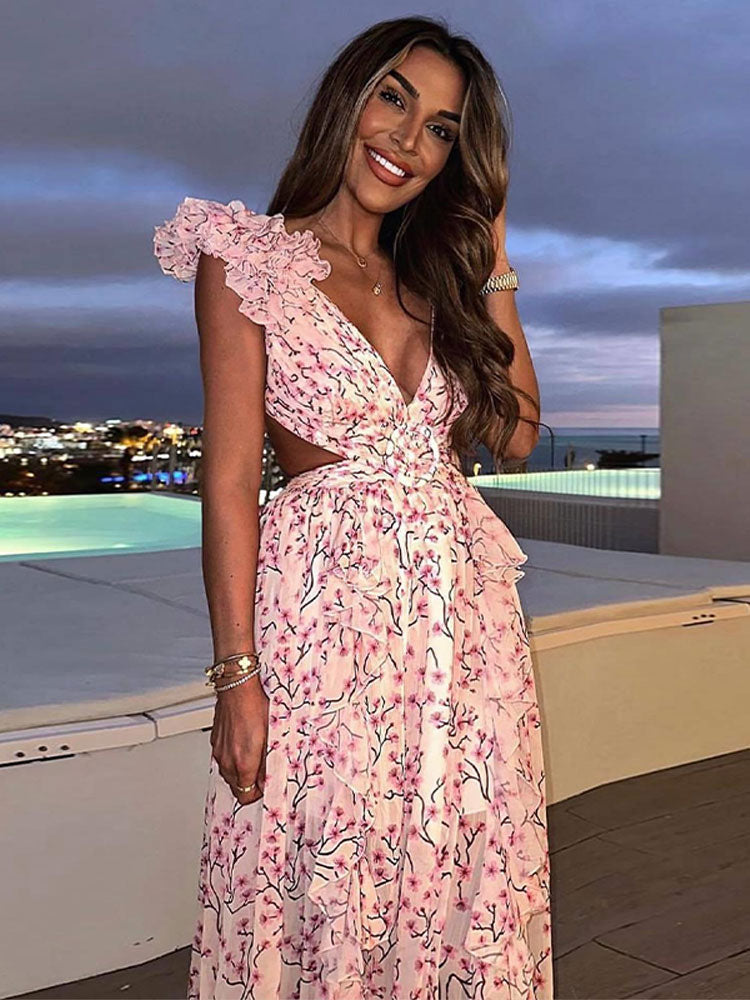 Lizakosht Printed Deep V Backless Ruffle Floral Dress Women Sleeveless Hollow Out Slim Fit Robes Summer Female Vacation Beach vestido