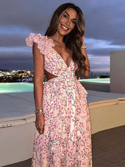 Lizakosht Printed Deep V Backless Ruffle Floral Dress Women Sleeveless Hollow Out Slim Fit Robes Summer Female Vacation Beach vestido