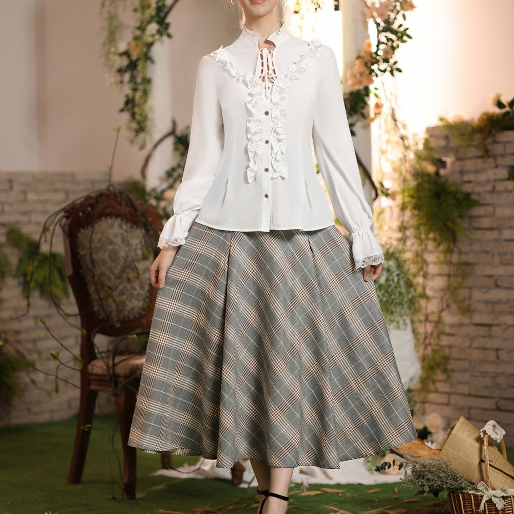 SD Womens Plaid Skirts Vintage Renaissance Corset Waisted Skirt High Waist Buttons Elegant Beach Harajuku Long A-Line Skirt