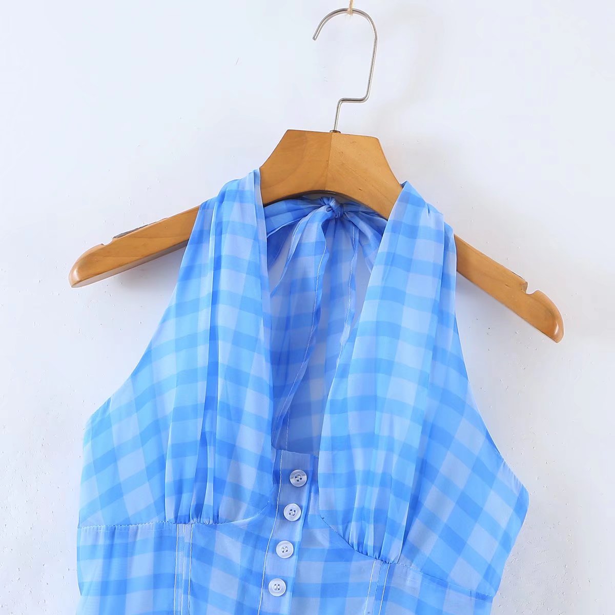 Lizakosht Romantic Women Blue Plaid Halter Long Dress Sexy Backless Sleeveless Ladies Holiday Summer Dresses Fairy Robe
