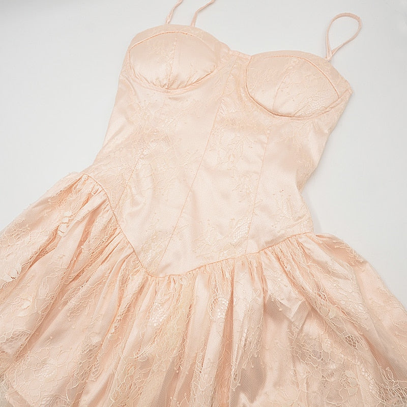 Lace Spaghetti Strap Dress Summer Floral Patchwork Pink Sleeveless Beach Dress Cute Mini Femme Robe Sundress Sling Dresses 2022