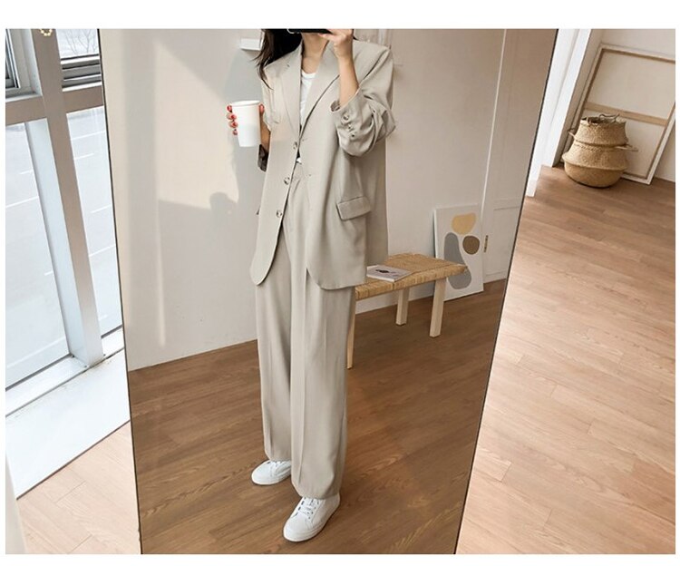 Lizakosht Office Lady Blazer Suits Korean Style Two Piece Set Women Suit Jacket + Wide Leg Pants OL Ensemble Femme 2 Piece Outfits Elegant