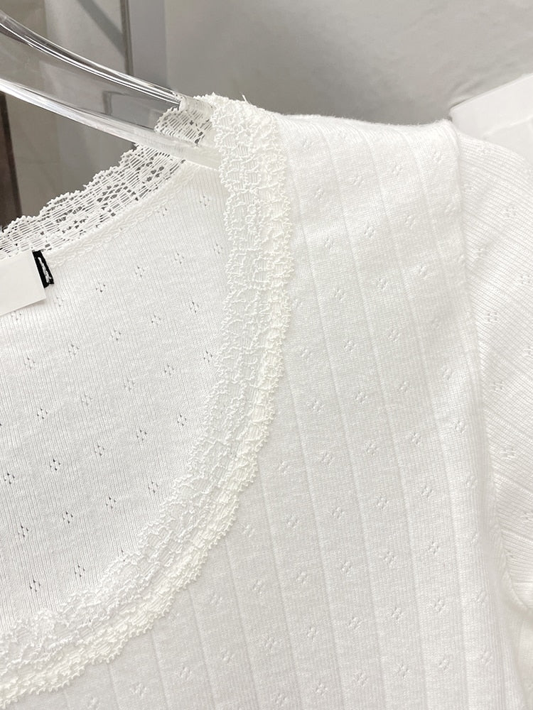 Lizakosht Cotton T-Shirt Women Lace Trim O-Neck Long Sleeve Slim Tops Tee Women TShirt for Sweet Girl Kawaii Clothes