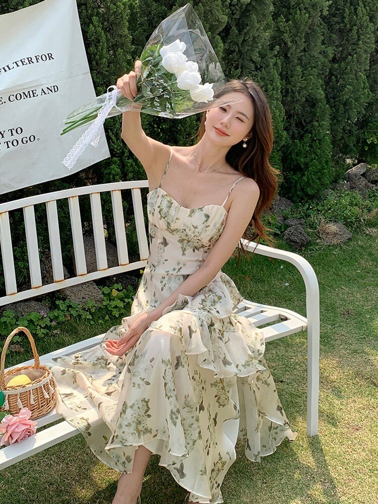 Lizakosht 2023 Summer Fairy Dress Floral Long Ruffles Chiffon Dress French Retro Dress vestidos de mujer abiti cerimonia donna lusso
