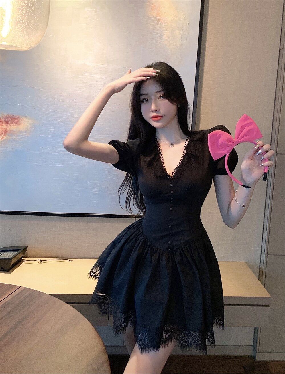 V-neck Lace Princess Dress Sexy Women's Summer Mini Dress 2022 Black High Waist  Slim Puffy Short Sleeve Party Dress Robe Femme