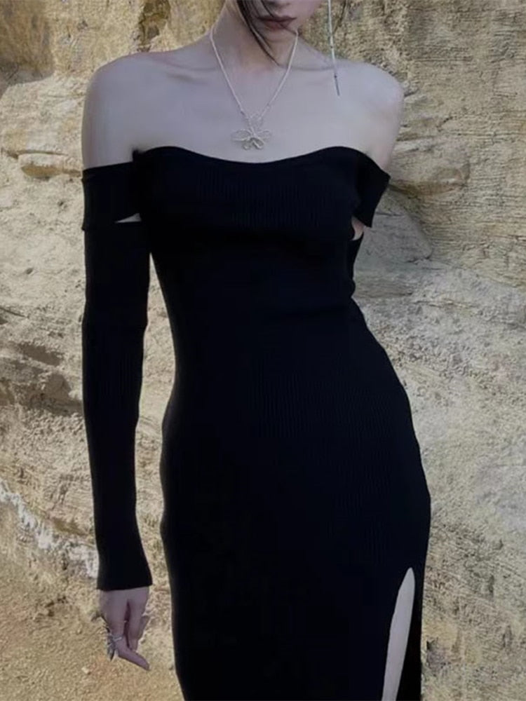 Spring Fashion Women Sexy Split Backless Off Shoulder Knitted Dress Female Club Party Y2K Dress