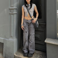 Lizakosht Vintage Women Straight Denim Pants Big Pockets Star Print Long Pants Cargo Trousers Women Retro Hotgirl Grunge Clothes