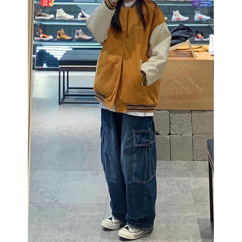 Dark Blue vintage cargo Jeans Women's 2022 Spring y2k Streetwear Loose high waisted jeans Straight Wide Leg cargo  Jeans Women's