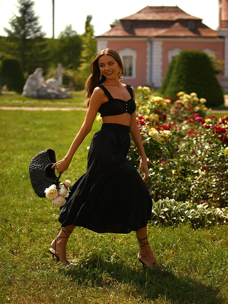 Summer Women'S Word-neck Suspenders Sleeveless Red Cropped Top Sexy Open Back Casual Black Stitching Skirt Two-piece