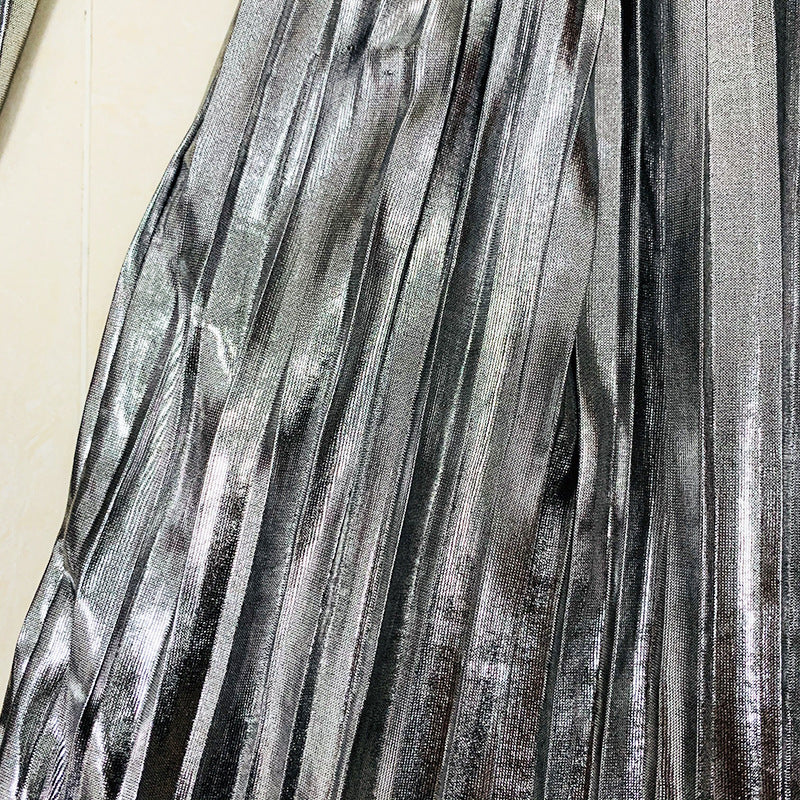 Lizakosht  Pleated Mini Dress with Belt Silver Gold 2022 New Designer BLING BLING Shiny Long Flare Sleeve Fashion Party Summer Dress