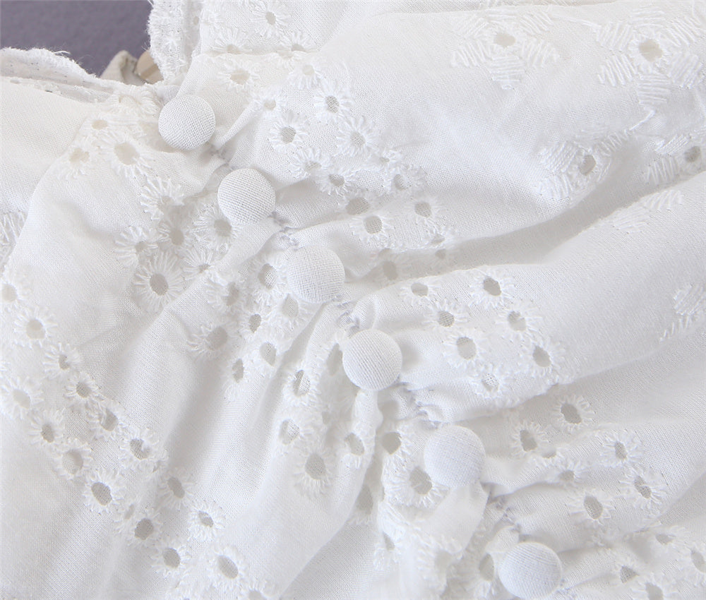 Elegant white lace top short sleeve korean fashion blouses for women 2022 Summer backless top ruched puff sleeve top cotton