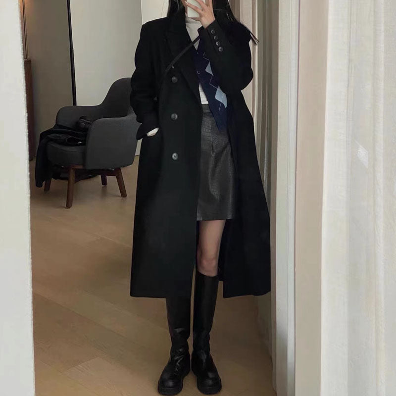 Lizakosht Korean Simple Solid Slim Long Coats Women Winter Thick Warm Double Breasted Turn Down Collar Woolen Coat  Office Lady Coats