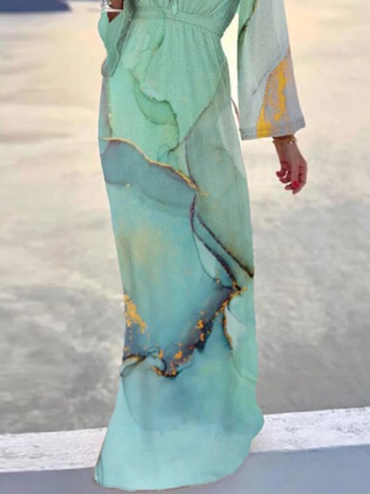 Lizakosht  Elegant Flare Long Sleeve High Waist Boho Beach Dress Women Vintage Print Deep V Maxi Dress Fashion Women Casual Chic Long Dress