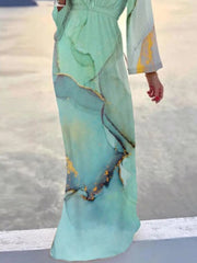 Lizakosht  Elegant Flare Long Sleeve High Waist Boho Beach Dress Women Vintage Print Deep V Maxi Dress Fashion Women Casual Chic Long Dress