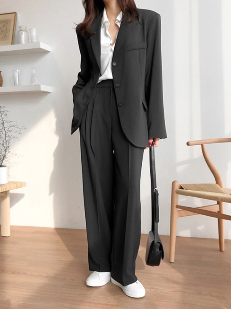 Lizakosht Office Lady Blazer Suits Korean Style Two Piece Set Women Suit Jacket + Wide Leg Pants OL Ensemble Femme 2 Piece Outfits Elegant