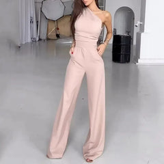 Lizakosht Women Jumpsuit Fashion One Shoulder Sleeveless Nipped Waist Loose With Pockets Wide Legs Pants Romper High Streetwear
