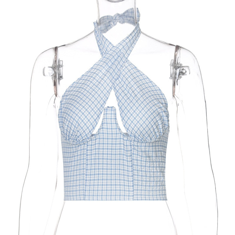Lizakosht New Women's Clothing  New Cross Strap Wrapped Chest Zipper Checker Vest