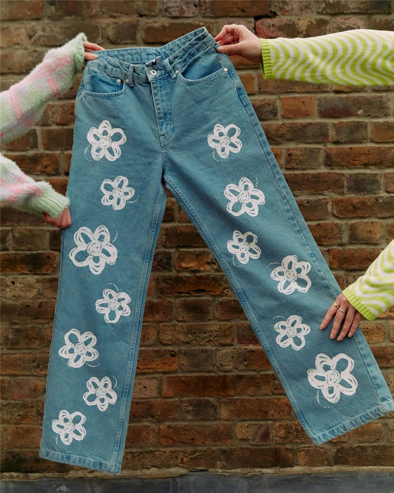 Retro Flower Fashion New Print Graffiti High Waist Jeans Women Casual Straight Jeans Y2k Baggy Wide Leg JeansWomen's Clothing