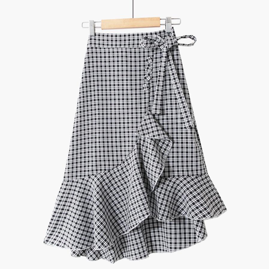 Summer Korean Lace-up Plaid High Waist Slim Ruffled Irregular Midi Skirt Elastic Waist A-line Side Split Ruffles Knee Skirts