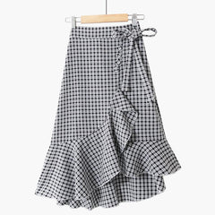 Summer Korean Lace-up Plaid High Waist Slim Ruffled Irregular Midi Skirt Elastic Waist A-line Side Split Ruffles Knee Skirts