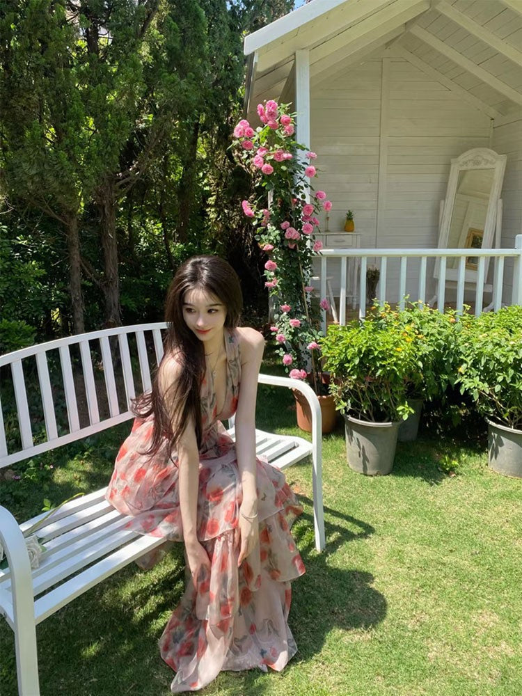 Lizakosht  Summer Backless Beach Long Maxi Dress Vintage Cascading Ruffles Deep V Neck Sexy Floral Print Party Dress Sleeveless Design F242