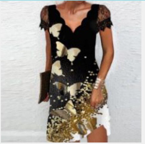 Lizakosht   Women Elegant Dresses Summer V Neck Lace Short Sleeve Dress Sexy Printed Plus Size Female Dresses Black Party Dress Vestidos