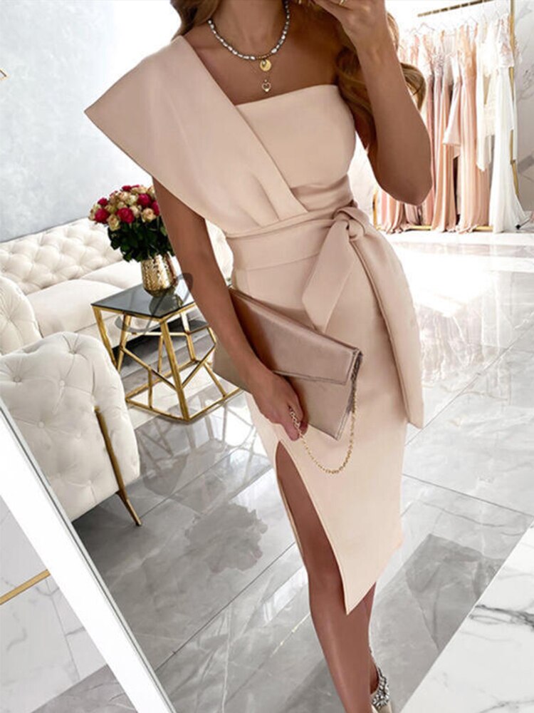 Lizakosht  Summer One Shoulder Slit Bodycon Dress Elegant Pattern Print Lace-up Solid Midi Dress New Office Fashion Casual Commute Dresses