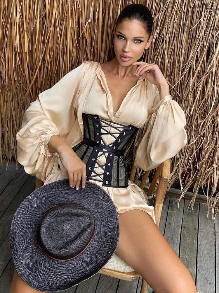 Lizakosht  Silk Women Bandage Shirts Mini Dress Lantern Sleeve Office Lady Autumn Plus Size Casual Sexy Elegant Prom Wedding 2022