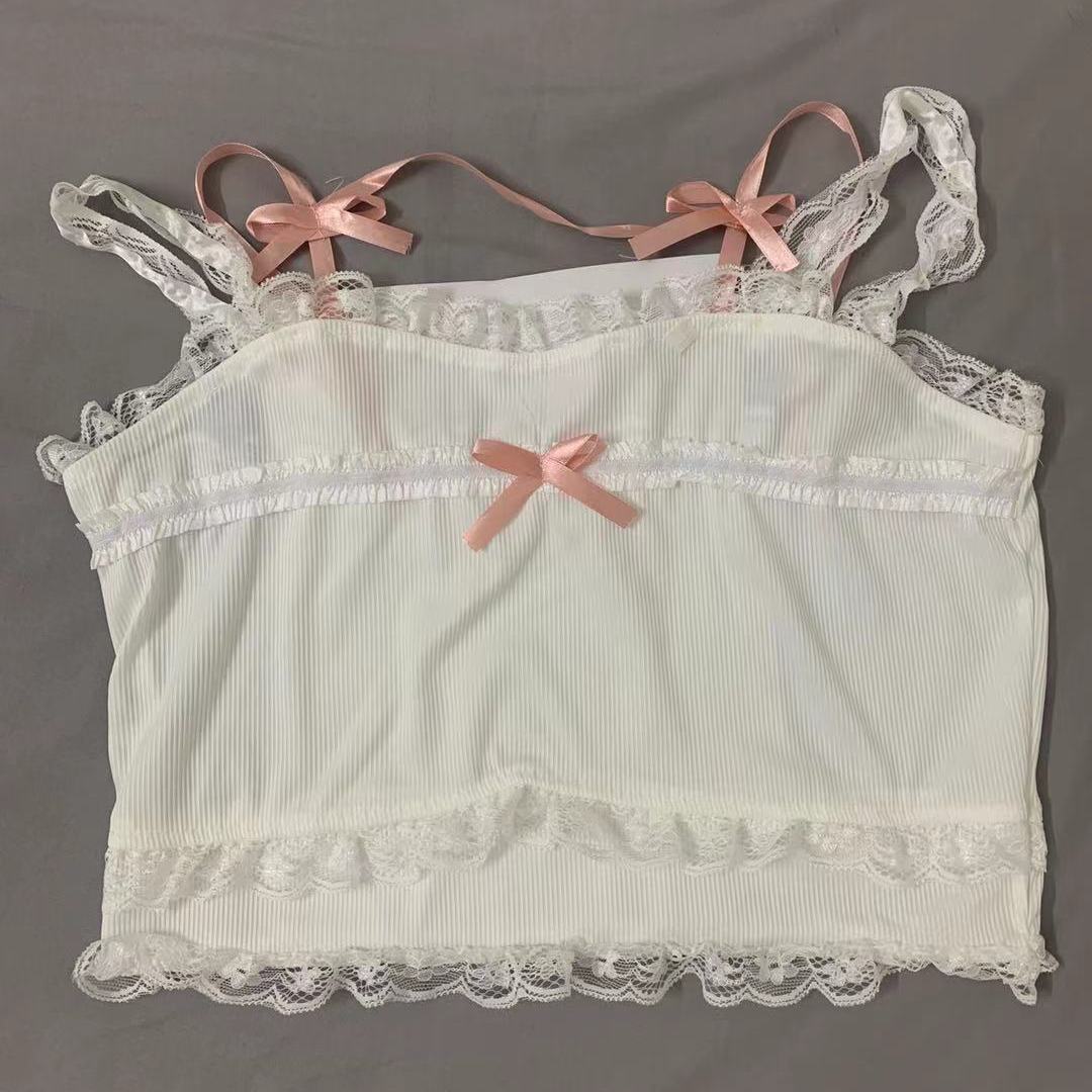 Pink Japanese Kawaii Lolita Crop Top Women White Korean College Style Sweet Tank Top Bow Lace France Princess Vset Female 2022