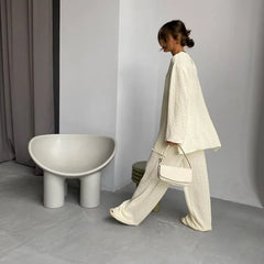 Lizakosht Women Pleated Outifits Casual Long Sleeve Matching Wide Trousers Suit Oversized 2 Piece Sets Vintage High Wasit Pant Set
