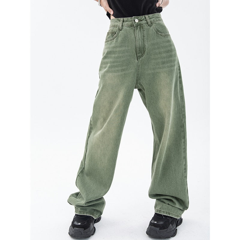 Vintage Green Women's Jeans Fashion Trousers Streetwear High Waist Wide Leg Summer Y2K Baggy Casual Straight Mom Denim Pants