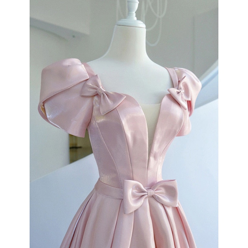 Pink Satin Prom Dresses 2022 Luxury Elegant Square Neck A-Line Floor-Length Backless Long Women Evening Dresses With Train