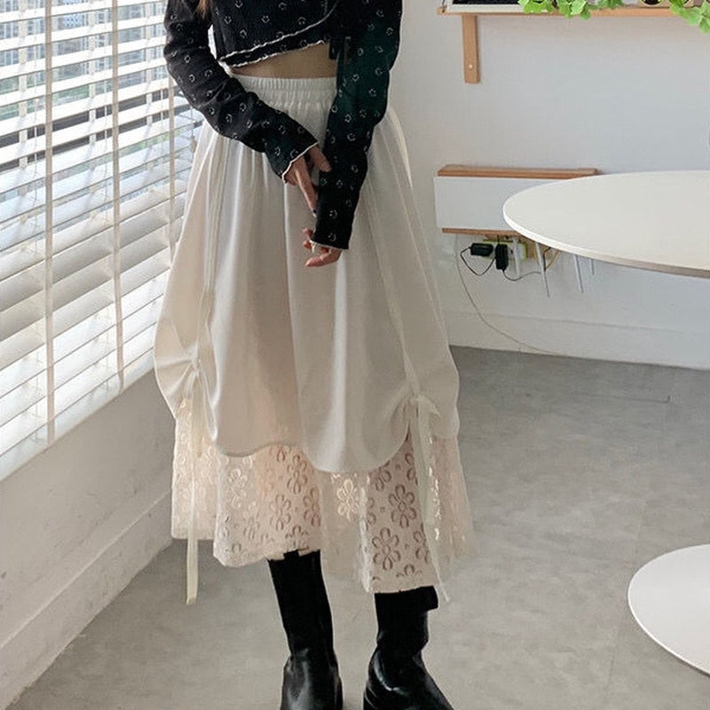 HOUZHOU Long Skirts Lace Patchwork Women Harajuku Irregular High Waist Bow Bandage A-line Midi Skirt Kawaii Japanese Streetwear