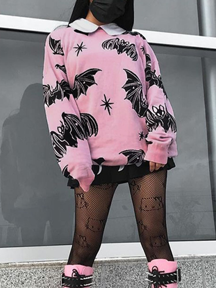 Gothic Y2K Bat Graphics Pink Sweaters Fairy Grunge Mall Winter Aesthetic Pink Black Pullover Harajuku Long Sleeve Knitting Tops
