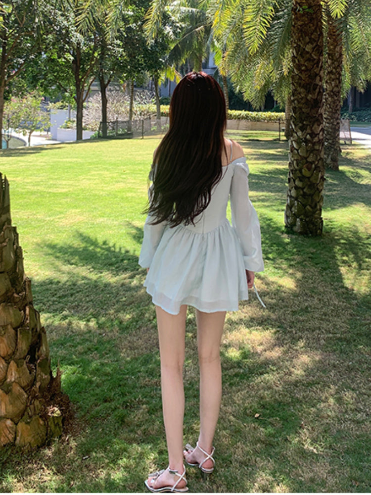 Lizakosht  Summer Pure Color Short Party Dress Woman Long Sleeve Sweet Y2k Mini Dress Casual Elegant One Piece Dress Korean Design