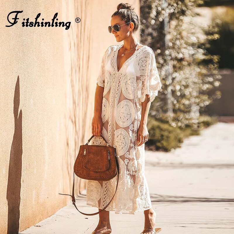 Lizakosht  Fitshinling Bohemian Vintage Maxi Dress Summer Swimwear V Neck Flower White Boho Long Pareo Holiday Sheer Sexy Bikini Cover Up