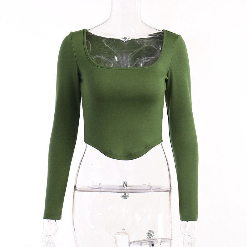 CasualSquare Collar Long Sleeve T Shirts Women Sexy Solid Basic Crop Tops 2022 Autumn Fashion Streetwear Skinny T-shirt